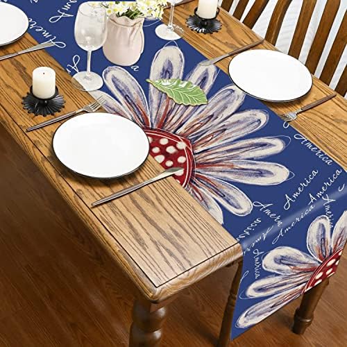 4 ביולי רץ לשולחן אמריקה פרחים פשתן כחול פטריוטי יום הזיכרון קישוטי שולחן יום העצמאות מסיבת חג מטבח אוכל
