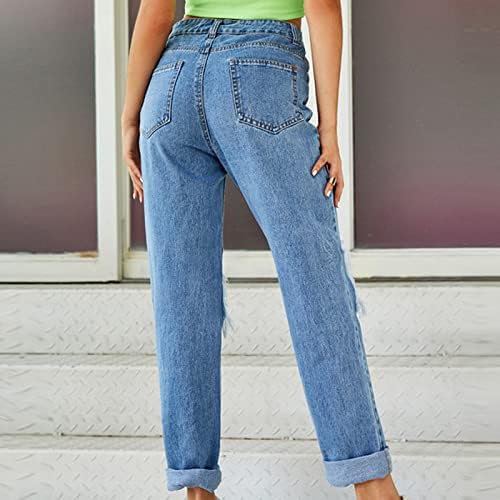 קלאסי ג 'ינס מכנסיים ג' ינס שיפוע נשים של מותניים עם חורים גבוהה מזדמן דק ישר ומכנסיים אין רוכבים תפר