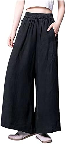 2023 נשים של מכנסי חצאית כותנה פשתן פאלאצו מכנסיים וינטג ' רחב רגל כפתורי מכנסיים מלא אורך אלסטי