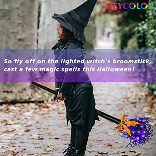 Heycolor מטאטא מכשפה מואר עם LED אורות סגולים ליל כל הקדושים מכשפות שחורות מטאטא עם סרטים אבזרי מטאטא