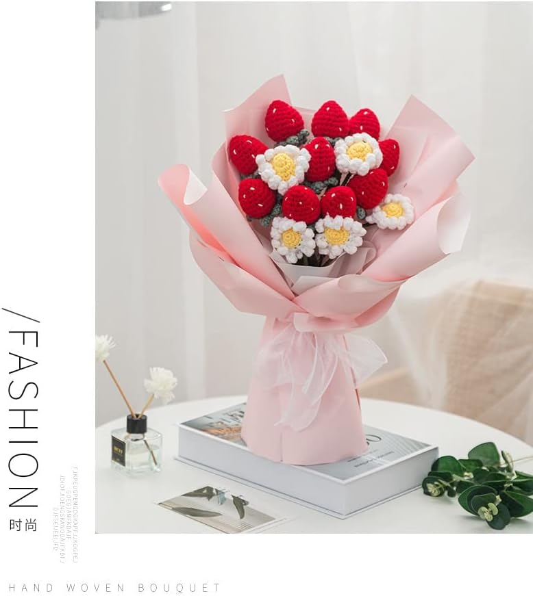 רנסלאט יד סרוג סימולציה תות זר סרוג חוט פרחים אלמוות פרח עיצוב הבית עשה זאת בעצמך מתנה