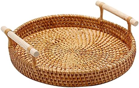 Uoienrt rattan סל ארוג סל עגול 8.7 , מגש עם ידיות לפירות, ירקות, לחם, סלי תצוגה שולחן והגשת מסעדות