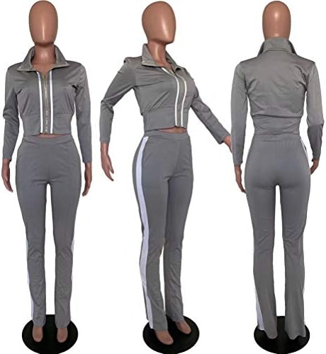לפיכך אימונית נשים עם שתי תלבושות שני חלקים Zip-Up BodyCon יבול יבול מכנסיים מגפיים מכנסיים ספורט