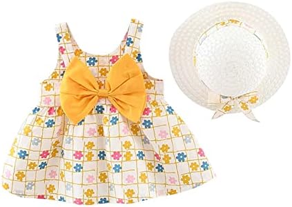 Lcziwo 1-5T תינוקת קיץ שמלת קיץ ללא שרוולים שמלות מסיבת יום הולדת ללא גב גב פרח קשת חגורה עם סט כובע קש