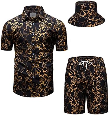תלבושת יוקרה של FoHemr SET SET חולצות זהב שחורות ומכנסיים קצרים 2 חלקים הדפסת שרשרת סט כפתור הבארוק למטה חליפה