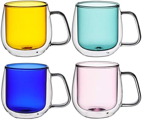 כוס קפה בצבע זכוכית היפר מרחב, כוסות תה, ספל קפה זכוכית עם חופי פקק, סט של 4 כוסות ו -4 תחתיות