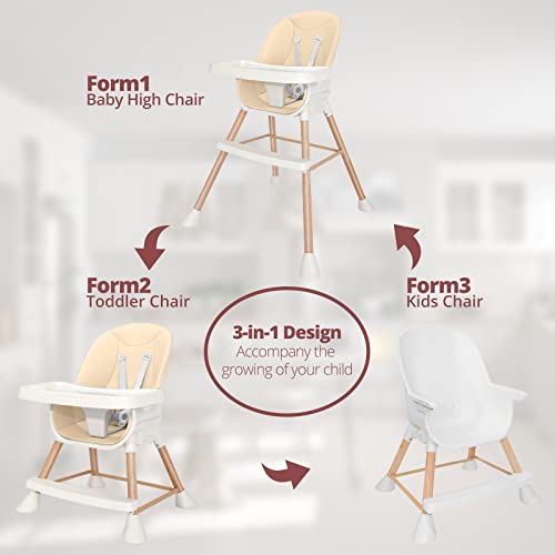 כיסא תינוק גבוה 3 ב-1 עם מגש כפול נשלף כיסא עץ מודרני עם רגליים מתכווננות לתינוקות תינוקות פעוטות