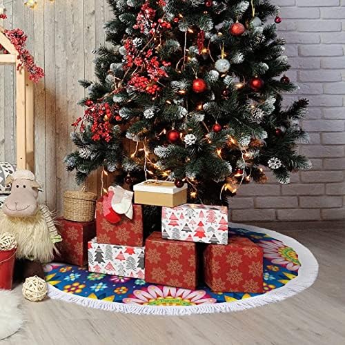 פרח פייזלי סוכר גולגולת הדפס חצאית עץ חג המולד עם ציצית למסיבת חג מולד שמח מתחת לעץ חג המולד