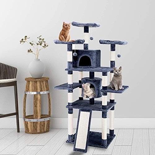 שריטה 67 אינץ חתול עץ דירה עם גרוד פלטפורמה, לחיות מחמד בית פעילות מגדל קטיפה מוטות עם ערסל, חיל הים כחול