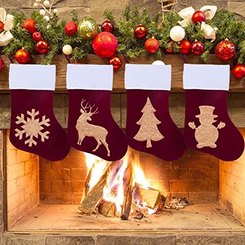 AnyDesign 4 חבילה גרב חג המולד קטיפה בורדו אדום תלויה גרב גרב זהב של שלג שלג אייל אייל חג המולד עץ