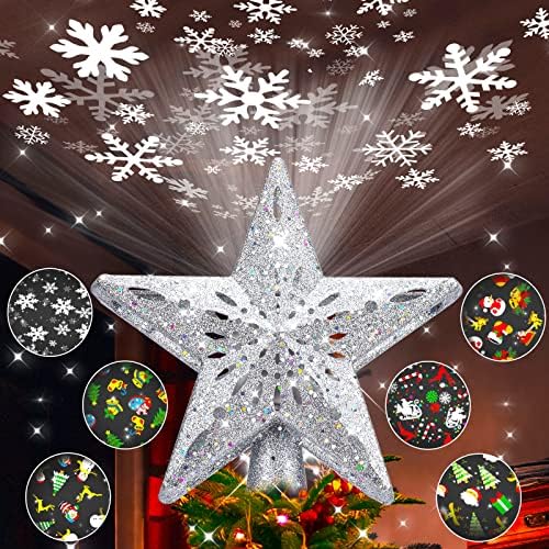 טופר עץ חג המולד של Winpull מואר במצבי הקרנת תבניות 6, טופר כוכב חג המולד טופר מובנה אורות סיבוב LED, מקרן