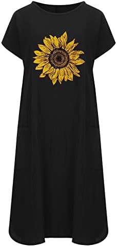 שמלת Tifzhadiao Plus בגודל לנשים שמלות פשתן כותנה שרוול קצר שמלת רופפת שמלת חמניות הדפס חמניות