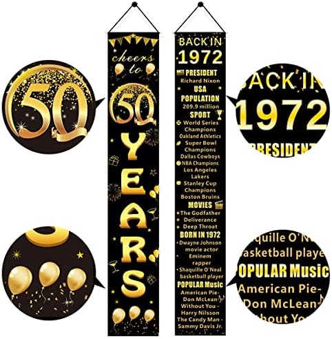 יום הולדת 50 יום הולדת לקישוטים דלתות דלתות לגברים ונשים, מעודד זהב שחור עד 50 שנה בשנת 1972 ציוד