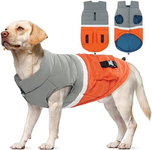 מעילי כלבים של Duojoy, מעיל כלב חורפי מנוגד להשתקפות עם חור רצועה, בגדים חמים לחיות מחמד אפוד לכלבלב