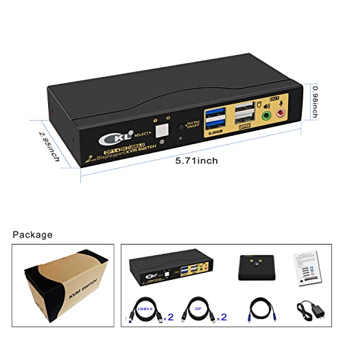 CKL 2 יציאה USB 3.0 KVM מתג DisplayPort 1.4 4K@144Hz 8K@30Hz עבור 2 מחשבים 1 צג, מסך מחשב מקלדת מקלדת עכבר העכבר