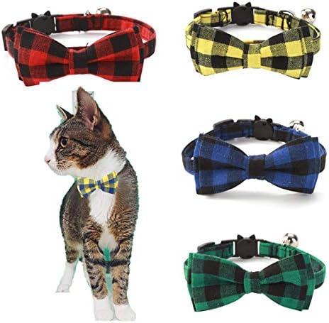 קולרים אופנה בטיחות חתול הבדלני עם קשת עניבת פעמוני אביזרי משובץ חתול עבור קיטי חתלתול חתולי ציוד לחיות מחמד
