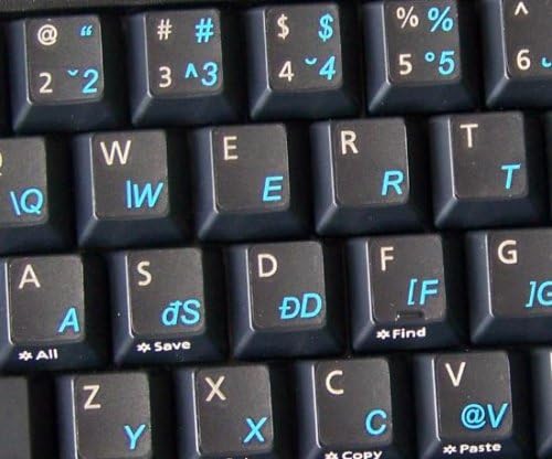 אלבנית מקלדת מדבקות עם כחול אותיות על שקוף רקע לשולחן עבודה, מחשב נייד ומחברת