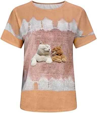 נשים קיץ עניבה לצבוע חולצת טי חולצות חמוד חתול הדפסה קצר שרוול חולצות טרנדי מקרית צווארון עגול רופף מתאים טי