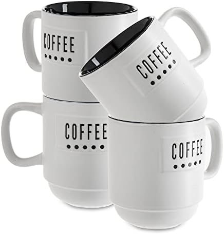 סט של שפילד סט של ספלי קפה- ארבע כוסות קפה עם ביטויים מודפסים, כוסות תה, ספלי לאטה עם מתלה מתכת לאחסון, 14 גרם
