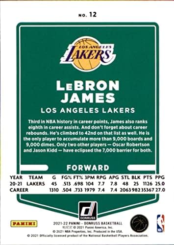 2021-22 דונרוס 12 לברון ג'יימס לוס אנג'לס לייקרס רשמי כרטיס מסחר בכדורסל NBA במצב גולמי