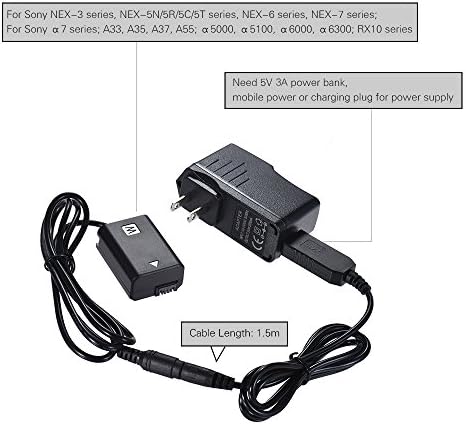 ANDOER NP-FW50 חבילת סוללות דמה מצמד מתאם 5V USB עם כבל קפיץ גמיש תואם ל- SONY A7 A7II A7R A7S A7RII A7SII