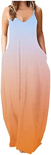 RBCULF נשים שמלות מקסי שיפוע אופנה מודפס רופף כיס מזדמן קלע ללא שרוולים שמלה ארוכה שמלה קיץ חוף שינה