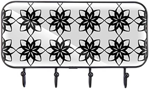 שחור לבן חוזר על דפוס פרחים גיאומטרי דפוס הדפסת מעיל קיר קיר קיר, מתלה מעיל כניסה עם 4 חיבור לעיל