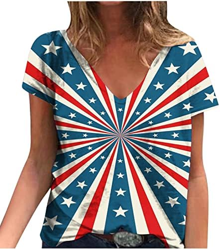 Ausyst Womens חולצות T שרוול קצר V סוודר צוואר דגל אמריקאי טשירטים טשירטים 4 ביולי כוכבים פסים הדפסים