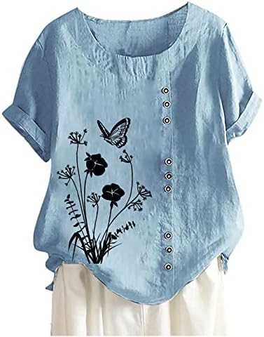 2023 צמרות קיץ לנשים פשתן כותנה שרוול קצר טוניקה טוניקה טרנדית פרחונית מודפסת חולצות מזדמנים