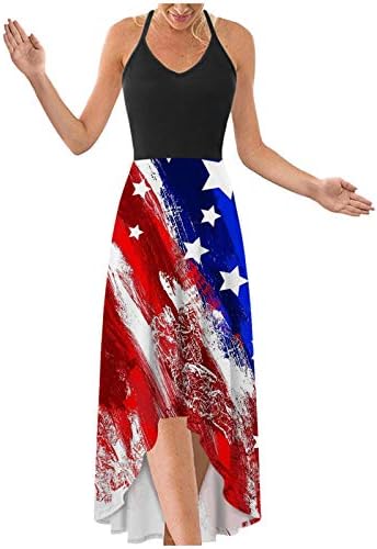 שמלת טנק לנשים איקה 4 ביולי דגל ארה ' ב כוכבים ופסים הדפס שמלת מידי קיץ ללא שרוולים שמלה ארוכה עם צוואר
