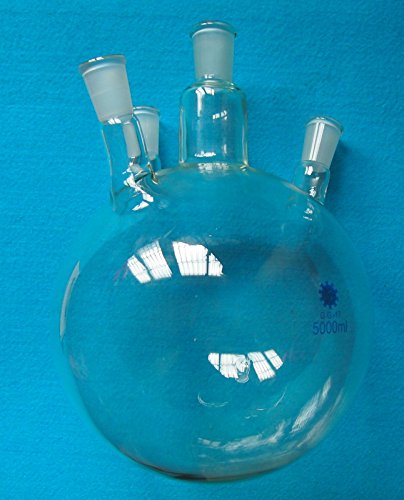 Deschem 5000 מל, 24/40, ארבעה צוואר, בקבוק זכוכית תחתון עגול, 5L, בקבוק רתיחה מעבדה 4 צווארון