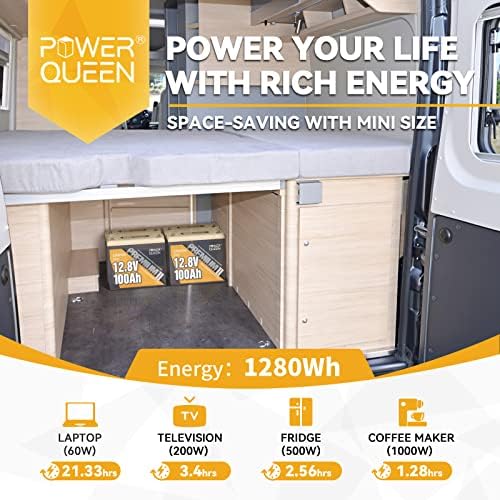 Power Queen 2 Pack Mini Lifepo4 Lithium סוללה, סוללה 12V 100AH ​​עם 100A מובנה BMS, 1280W אנרגיה, עד 15000