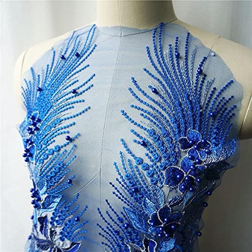 PDGJG תחרה כחולה בד פרחי פרחים חרוזי ציצית ריינסטון שמלה רקומה אפליקציות לקצוות צווארון רשת תפירה לקישוט חתונה