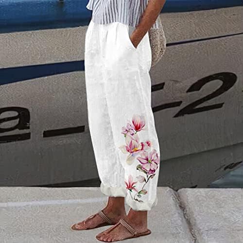 Grge Beuu לנשים קיץ הדפס פרחוני מזדמן מכנסי פשתן כותנה רופפת מכנסיים מחודדים מכנסי טרנינג עם כיסים עם