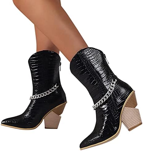 HCJKDU מגפי קרסול אמצעיים של נשים אופנה פטנטים על מגפיים עור גבוהים מנוסה נעלי עגל רחבות יחידות רחבות