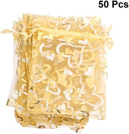 טויאנדונה 50 יחידות שקיות גודי רשת, 3.7 על 4.7 אינץ ' שקיות שרוך לב ורוד/כחול/זהב למסיבת חתונה