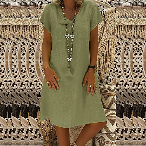 שמלת קיץ מזדמנת של נשים, שרוול קצר מוצק נגד צוואר זורם קפלים שמלות רופפות עם כיסים כותנה ושמלת פשתן