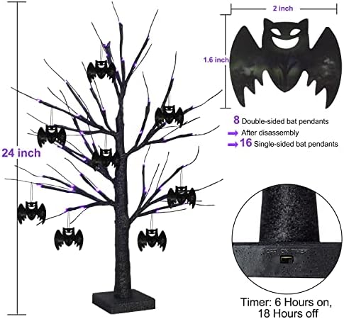 עץ מפחיד עם ליל כל הקדושים שחור עם 8 עטלפים - 48 אורות LED סגולים סוללה סוללה המופעלת על שולחן השולחן