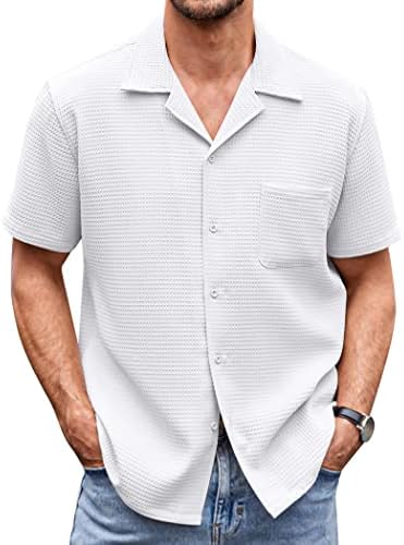 כפתור חולצת וופל של קואופנדי לגברים חולצת שרוול קצר רופף צמרות חוף קובניות