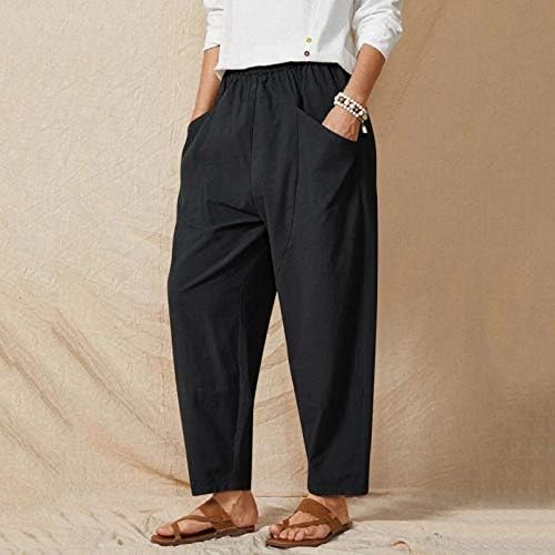 קיץ מזדמן כותנה פשתן מכנסיים לנשים בבאגי רחב רגל מכנסיים גבוהה מותן חוף מכנסיים עם כיסים נוחות מכנסיים