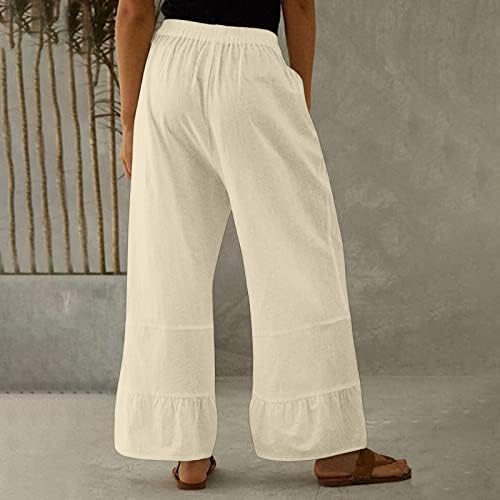 מזדמן קיץ כותנה פשתן מכנסיים לנשים כושר רופף ישר רגל מכנסיים גבוהה מותן ארוך מכנסיים עם כיסים קומפי מכנסי