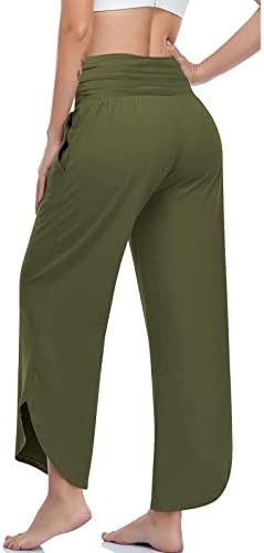 HDZWW קיץ ארוך עם כיסים מכנסיים נשים רפיון מכנסי מותניים אלסטיים מוצקים ברגל ישר רגל נשימה עבודה