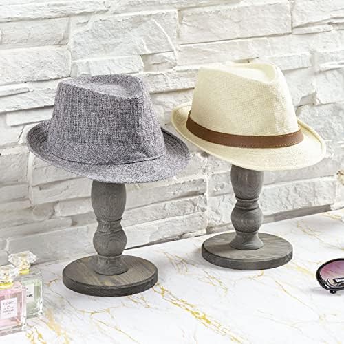 מעמד כובע עץ אפור מזג אוויר, כובע בייסבול בעיצוב וינטג ' ומחזיק פאה מתלה תצוגת שולחן בודד, סט של 2