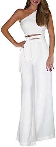 Foviguo נשים כתף אחת חריץ ללא שרוולים 2 תלבושות מותניים גבוהות במותניים רגל רגל רחבה מכנסיים רופפים מזדמנים