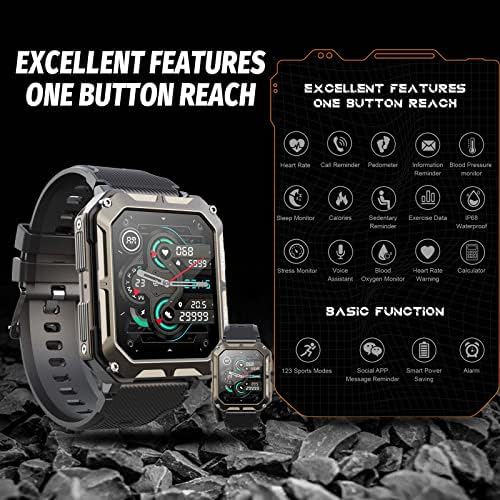 שעון חכם צבאי של רולסטימי לגברים מחוספס Bluetooth Smartwatch, גשש כושר טקטי 1.83 '', אטום למים