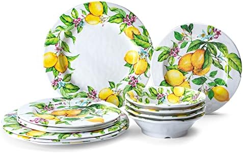 ערכת כלים של כלי אוכל מלמין לימון מלמין - צלחות וקערות חיצוניות של 12 חלקים וקערות חיצוניות המוגדרות