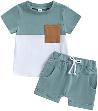 RTNNSBBFCM יילוד תינוקות תינוקות בוי קיץ שרוול קצר בלוק בלוק כיס קדמי חולצת טריקו מכנסיים קצרים