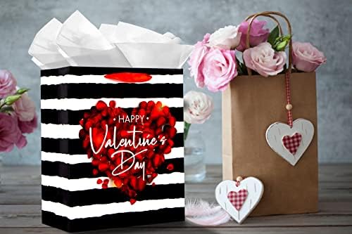שקית מתנה ליום האהבה שמח עם ידית 13 איקס 10.5 איקס 5.8 שקיות מתנה גדולות ורד אדום עם נייר טישו,