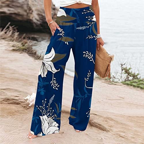 מכנסי פלאצו מיטורי לנשים מודפסים במותניים גבוהות מכנסי רגל רחבים מזדמנים עם כיס