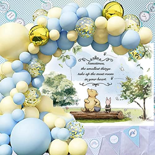 דוב קטן קלאסי קריקטורה מצוירת תפאורה של בעלי חיים ילד ילדים כחול בלון יום הולדת רקע רקע יילוד מסיבת מקלחת לתינוקות